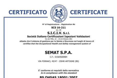 Semat S.p.A. obtained the BS OHSAS 18001:2007 health and safety certification