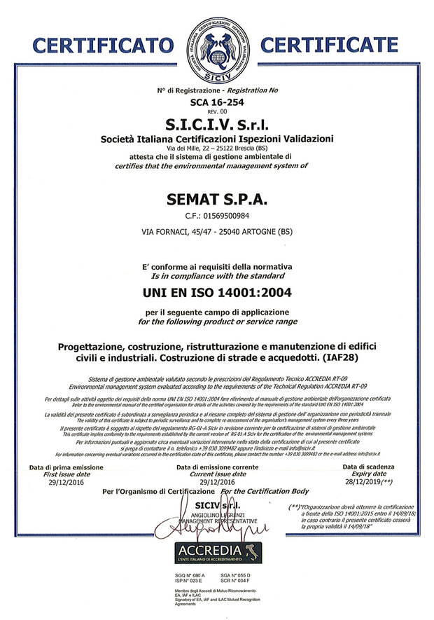 Environmental certification UNI EN ISO 14001: 2004